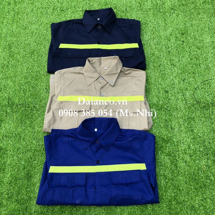 Áo bảo hộ công nhân may kèm phản quang vải kaki Nam Định thoáng mát- Hình thật