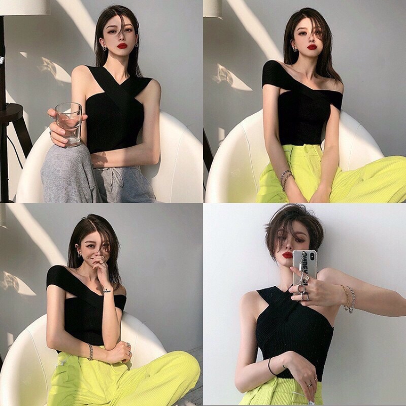 Áo yếm 2 dây trễ vai mặc nhiều kiểu siêu xinh mặc đa năng màu trắng đen