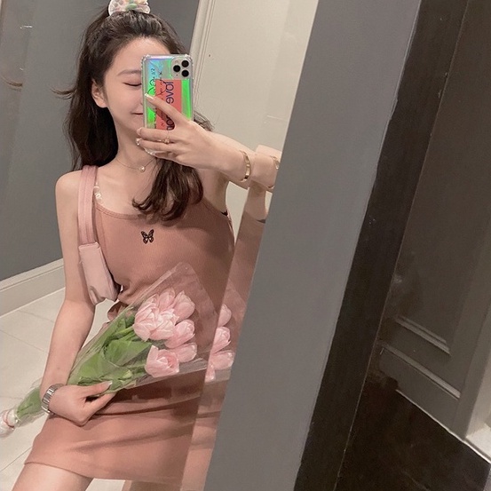 【ZHELIHANGFEI】 / Đầm Hai Dây Dệt Kim Ôm Dáng Thêu Họa Tiết Bướm Rỗng Phong Cách Sang Trọng Mùa Hè 2022 Quyến Rũ Cho Nữ