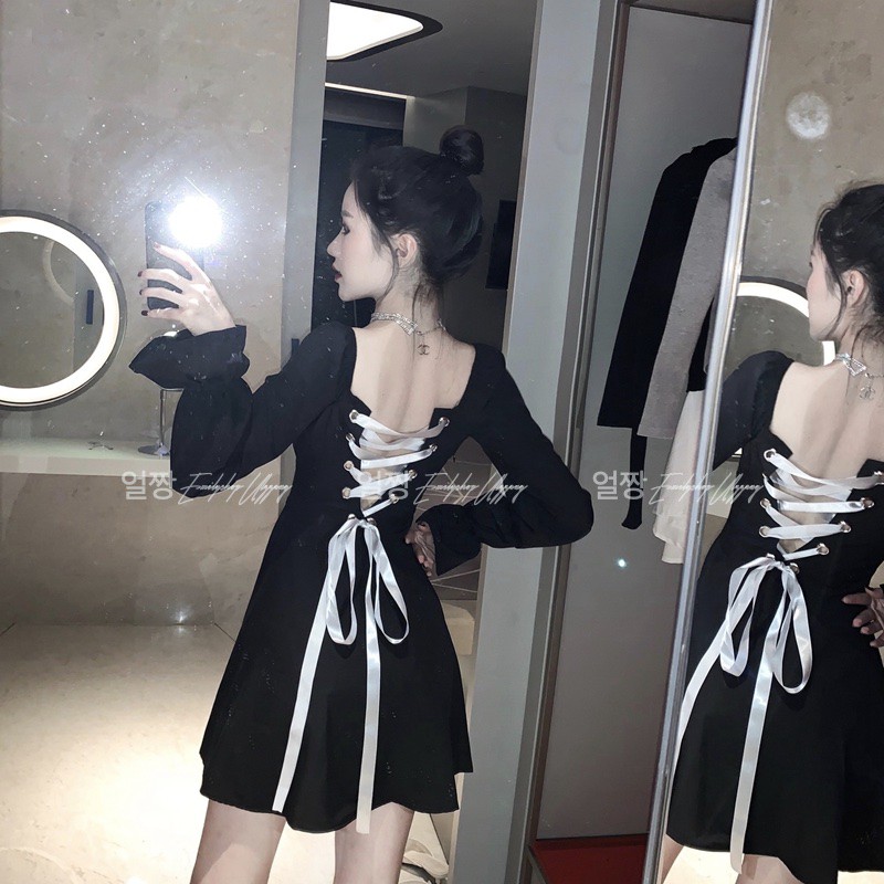 Đầm nữ dáng xòe đan dây lưng tay dài Emilyshop