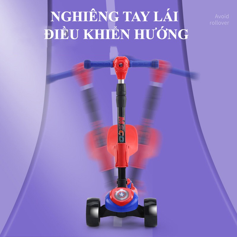 Xe scooter CHCAGO 3 bánh tự cân bằng, đường kính bánh xe 5 cm, có ghế gấp gọn, có nhạc và đèn LED (đỏ)