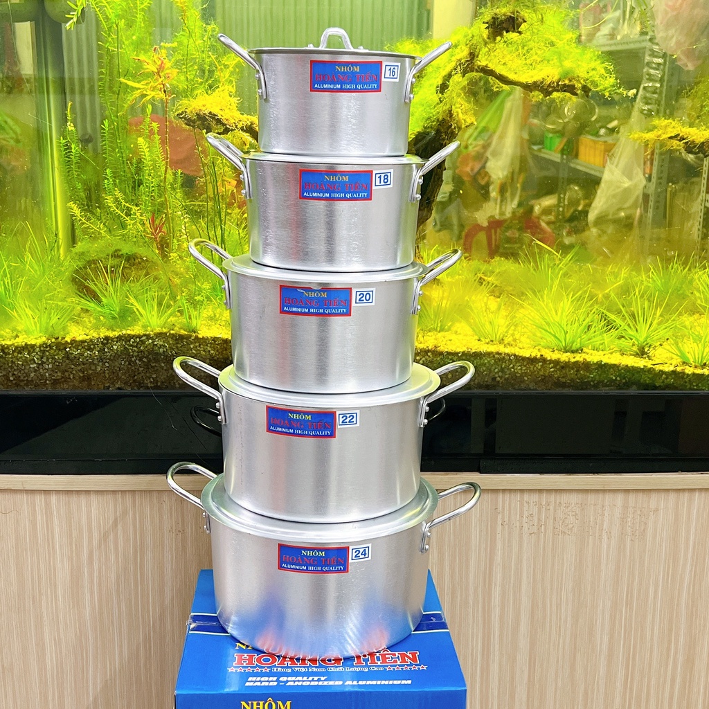 Nồi nhôm xi kèm nắp HOÀNG TIẾN - BỘ 5 NỒI SIZE 16 - 18 -20 - 22 - 24CM dùng để nấu thức ăn , nấu canh tiện dụng