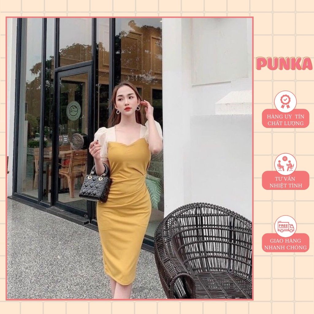 Đầm body dáng ôm thiết kế sang trọng tay bồng phối ren sang chảnh
