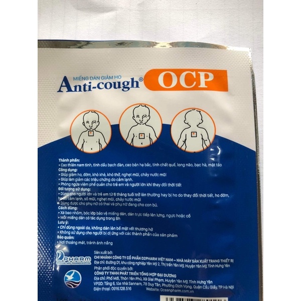 Miếng dán chống ho Anti-Cough ocp(hàng chính hãng)(chỉ dùng bên ngoài không dán lên vết thương hở)trẻ từ 6 tháng trở lên