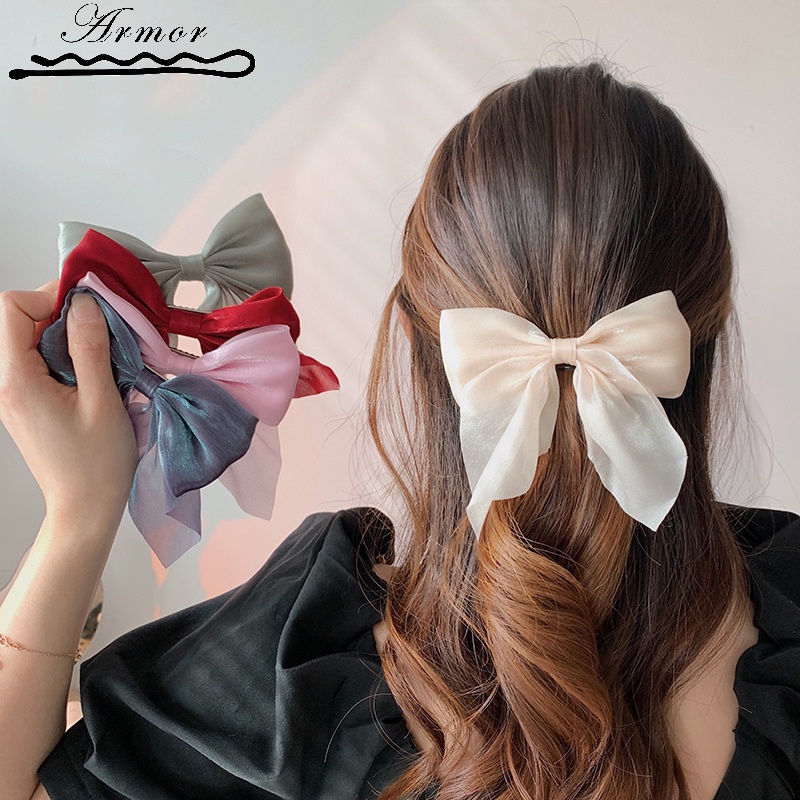 Kẹp Tóc Nơ Satin Đính Ngọc Trai Phong Cách Cổ Điển Dành Cho Nữ
