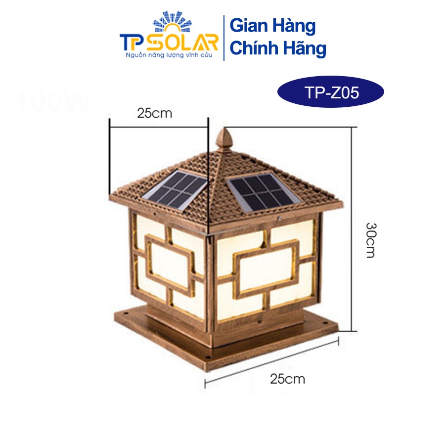 Đèn Trụ Cổng Năng Lượng Mặt Trời TPSolar Vuông Có Mái TP-Z05 30x30x38cm Chống Nước IP67