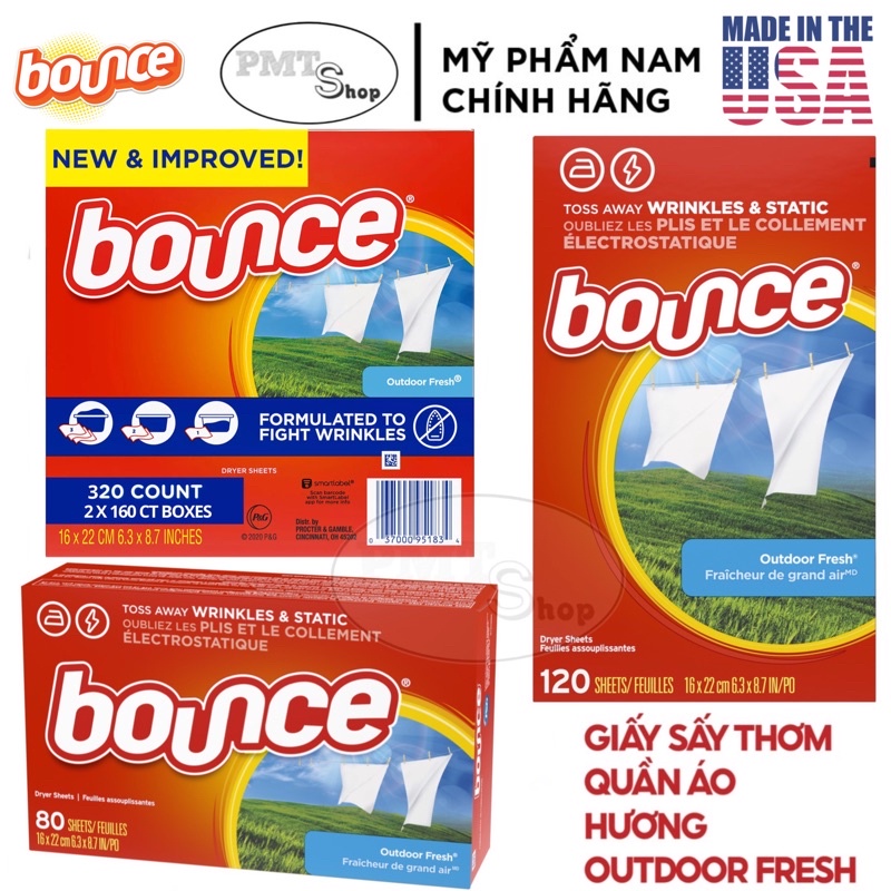 Giấy sấy thơm quần áo Bounce Sheets Outdoor Fresh hộp 160 , 120 , 80 tờ , Xịt phẳng Bounce 3in1 275g - Mỹ