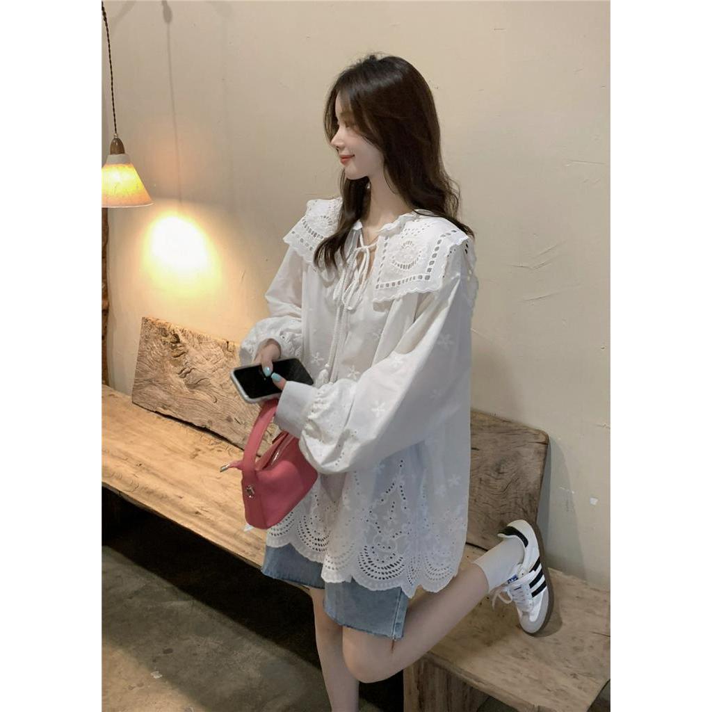 Áo Sơ Mi Trắng Tay Dài Thêu Ren Lỗ 61571