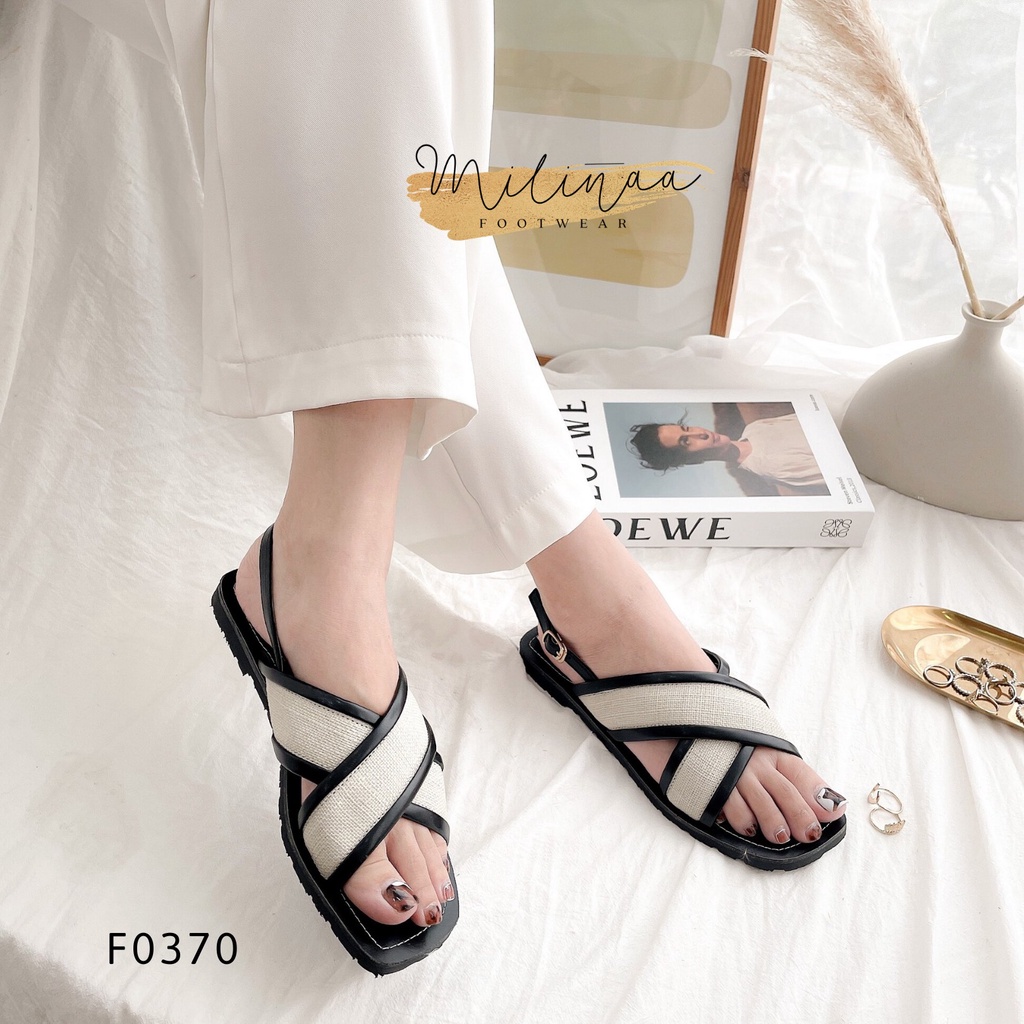 GIÀY SANDAL NỮ ĐẾ BỆT HAI QUAI CHÉO TO PHỐI NỈ HẬU GÀI F0370