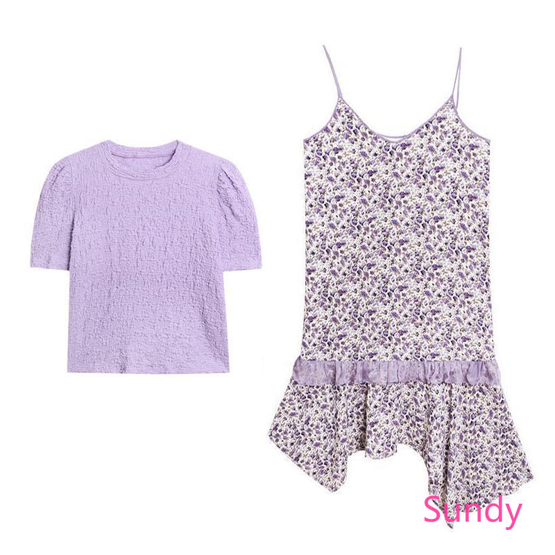 Set Áo Thun Ngắn Tay + Đầm Hoa Hai Dây Cho Bé Gái