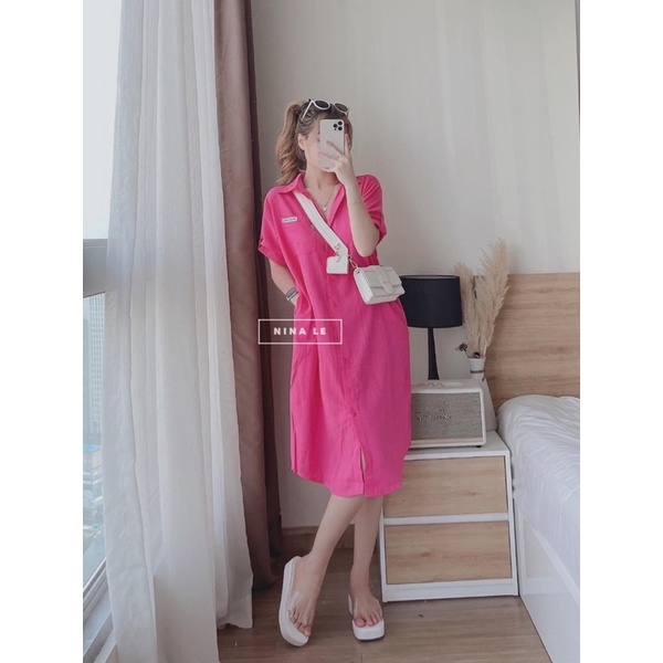 Đầm sơ mi hoạ tiết mickey sau lưng dáng suông siêu xinh