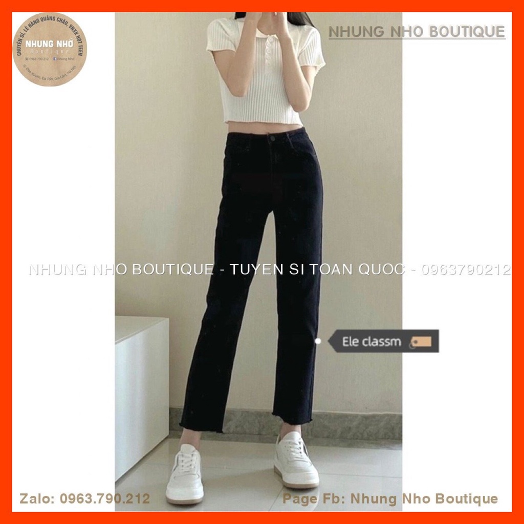 Quần jeans đen cạp cao ống đứng tua gấu mã 2459 hàng Quảng Châu A1352N Nhung Nhớ