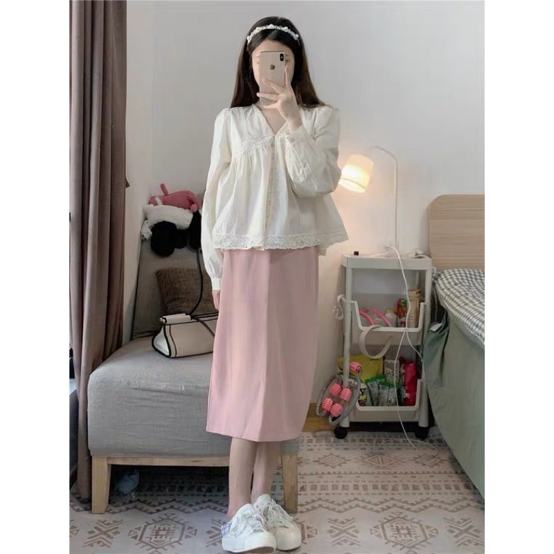 SẴN | Set áo sơ mi tiểu thư dài tay cổ V + chân váy midi lưng cao