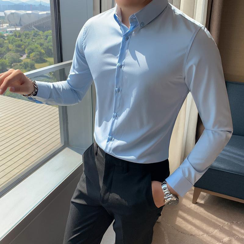 Áo Sơ Mi Tay Dài Màu Xanh Lá Đậm Phong Cách Doanh Nhân Thời Trang Thu Đông 2020 Mới Cho Nam