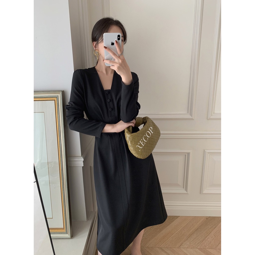 Đầm Xecop cổ V tay dài
