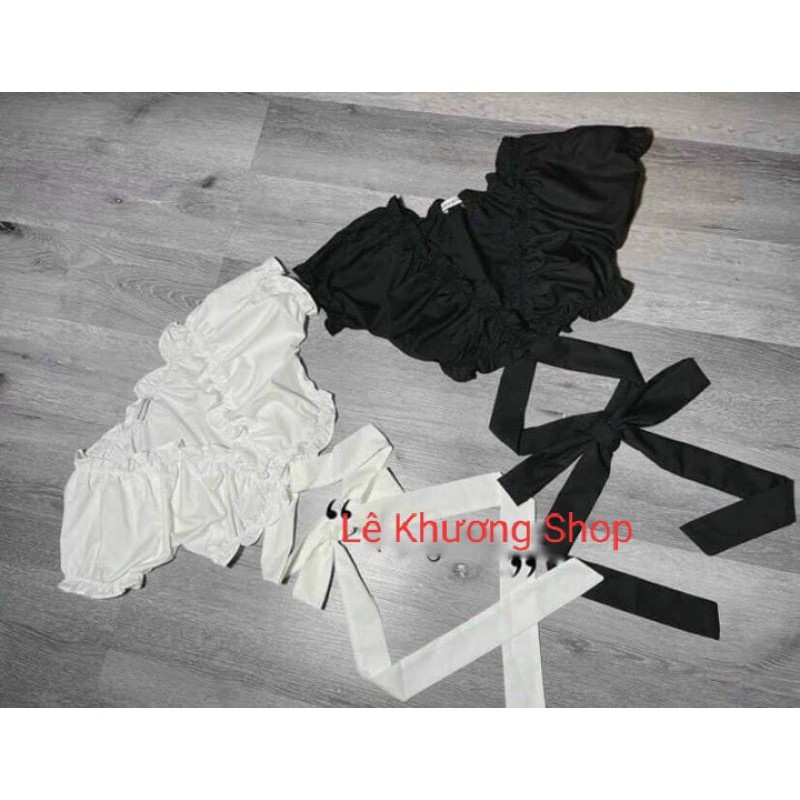 Áo croptop cổ V viền bèo phối dây quấn eo hàng y hình ( free size từ 40-53kg)