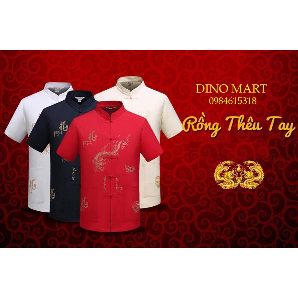 Áo sơ mi nam trung niên cổ tàu thêu rồng phượng - Dinomart