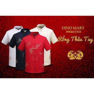 Áo sơ mi nam trung niên cổ tàu thêu rồng phượng - Dinomart