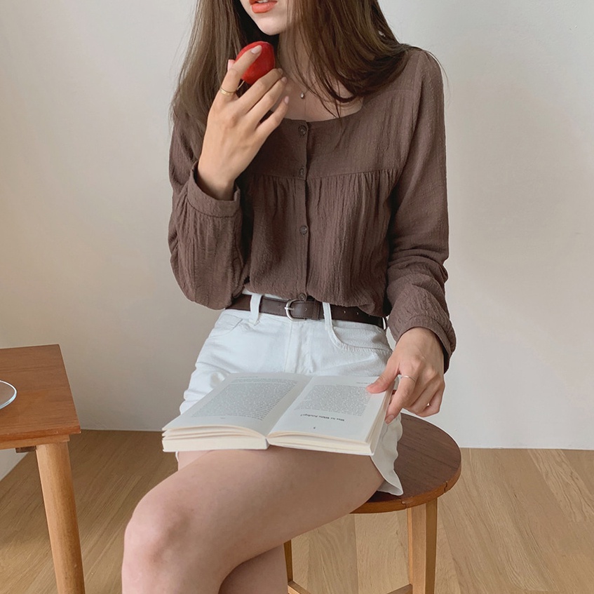 SUXI Áo Sơ Mi Tay Dài Cổ Vuông Màu Sắc Đơn Giản Dễ Phối Đồ Phong Cách Hàn Quốc Cho Nữ