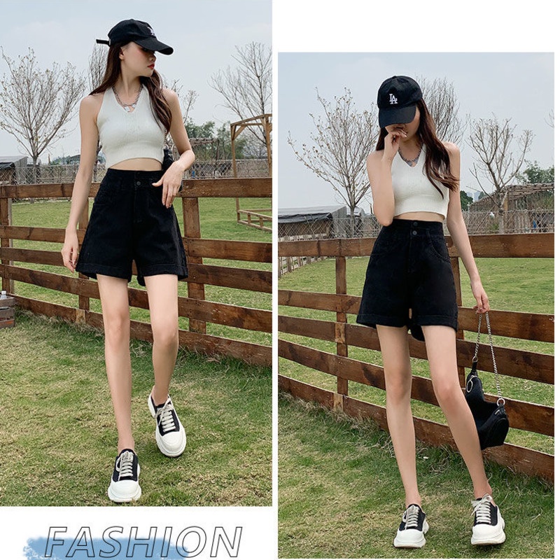 Quần Short Denim Ống Rộng Lưng Cao Thời Trang Mùa Hè Hàn Quốc Mới Cho Nữ