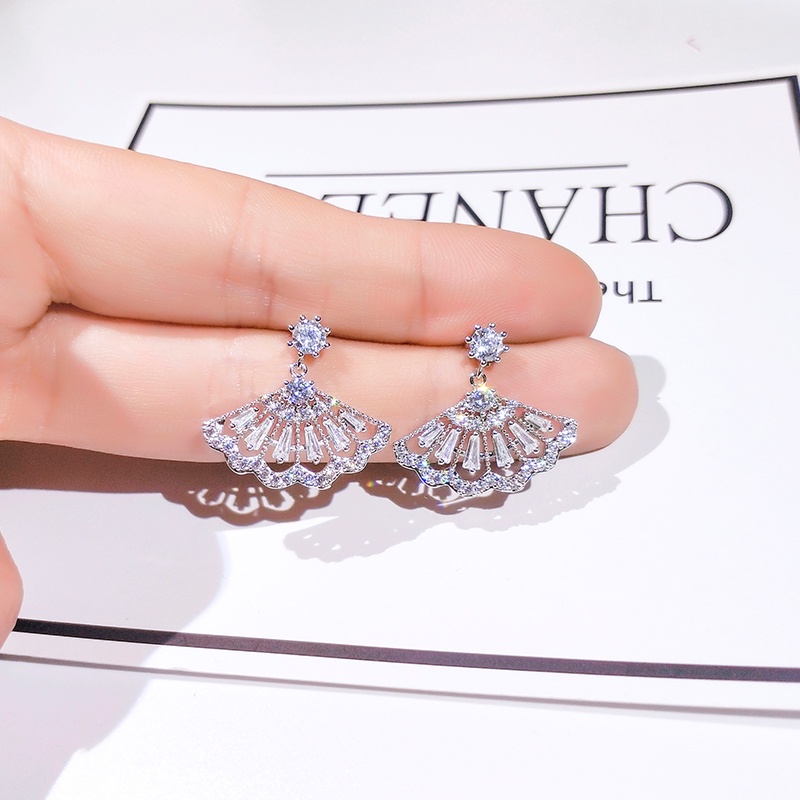 Khuyên tai JIUDUOLAN dạng quạt thiết kế đính đá zircon phong cách Hàn Quốc thời trang sang trọng dành cho nữ