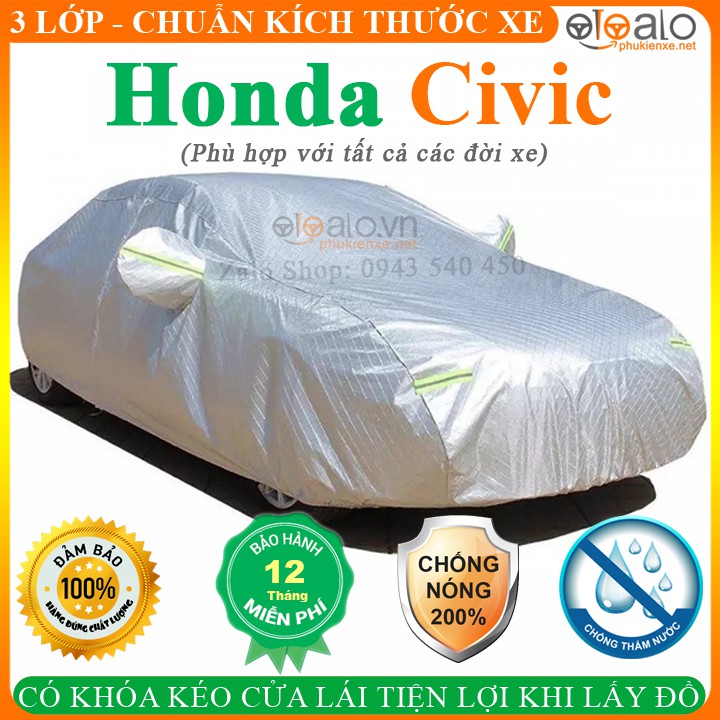 Bạt Che Nắng Xe Ô Tô Honda CIVIC Cao Cấp 3 Lớp Chống Nắng Nóng Chống Nước Mưa Chống Bụi | OTOALO