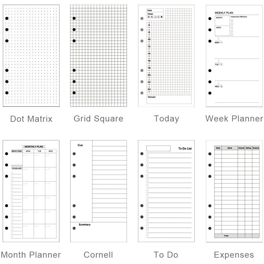A5 / A6 / A6 / A4 / B5 Refill Dot / Matrix / To Do / Grid / Month Planner Journal Paper Organizer No