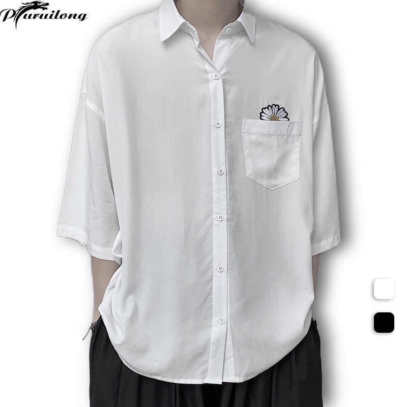 Áo sơ mi PURUILONG tay ngắn dáng rộng in hình hoa cúc thời trang mùa hè cho cặp đôi