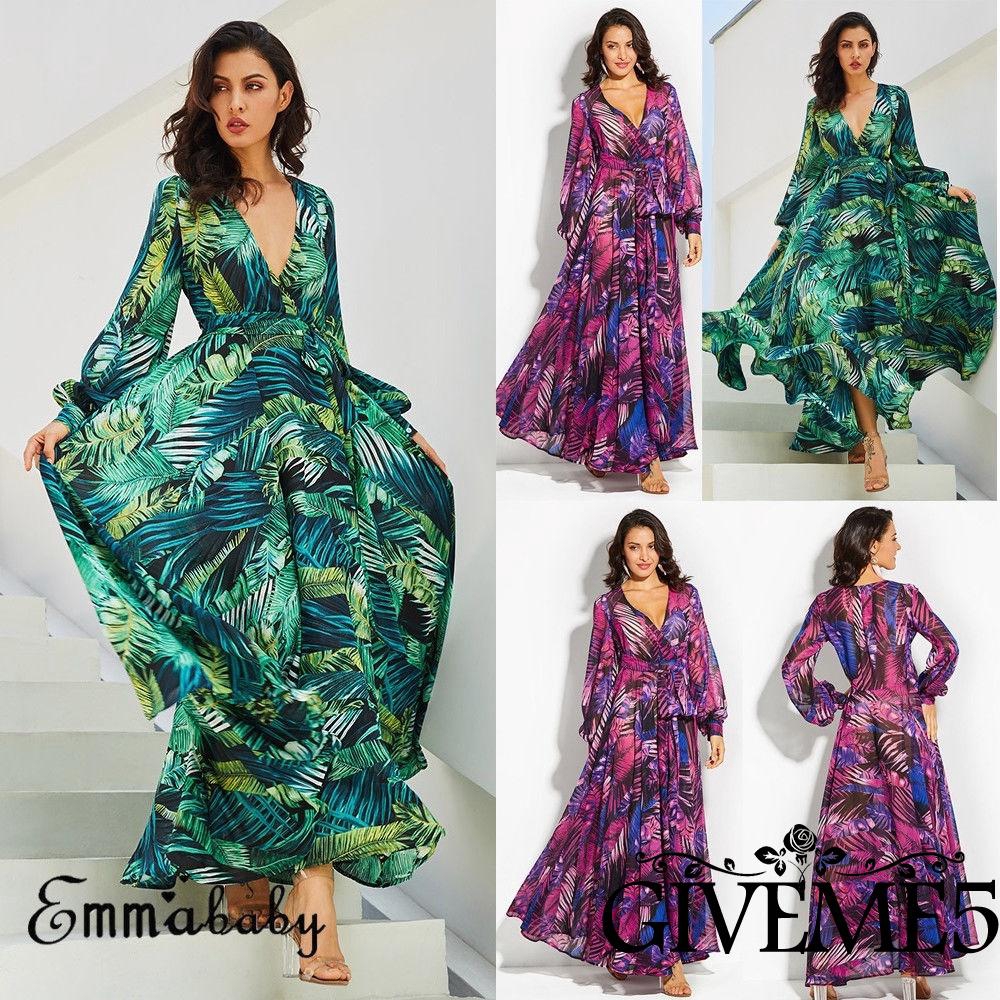 Đầm dáng rộng tay dài cổ chữ V in hoa thời trang dành cho nữ