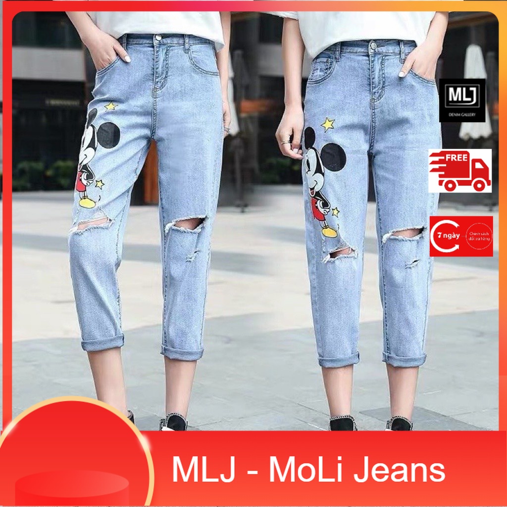 Quần jean baggy nữ màu Xanh Đá Nhạt in hình Chuột Sao Phom To đủ size MLJ