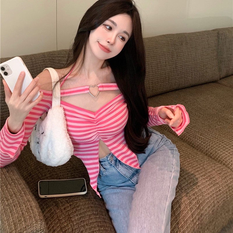 Áo Thun Nữ Tay Dài Dáng Ôm Kẻ Sọc Ngang Trẻ Trung