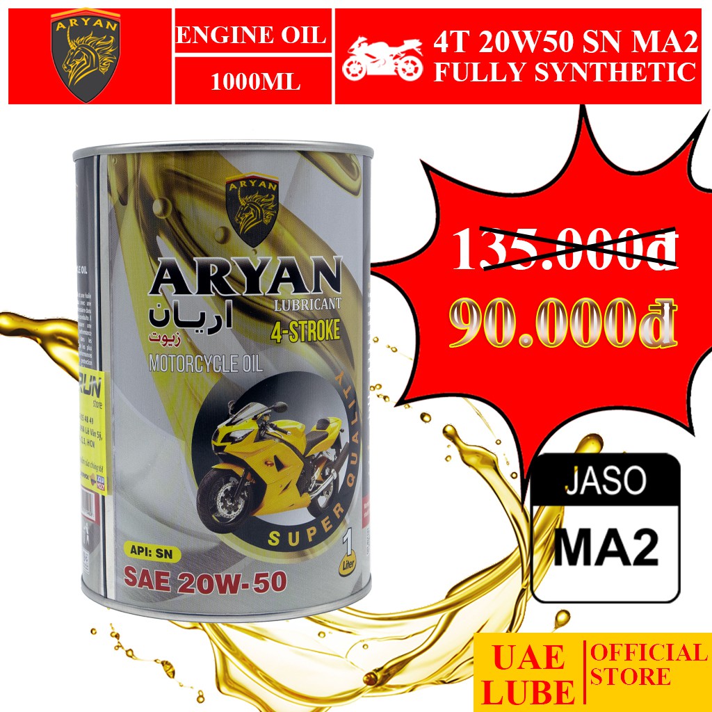 Nhớt Tổng Hợp ARYAN 20w50 1000ml SN JASO MA2 - Dùng Cho Xe Mô Tô, Xe Số - ARYAN FULLY SYNTHETIC SAE 20W50 JASO MA2 SN