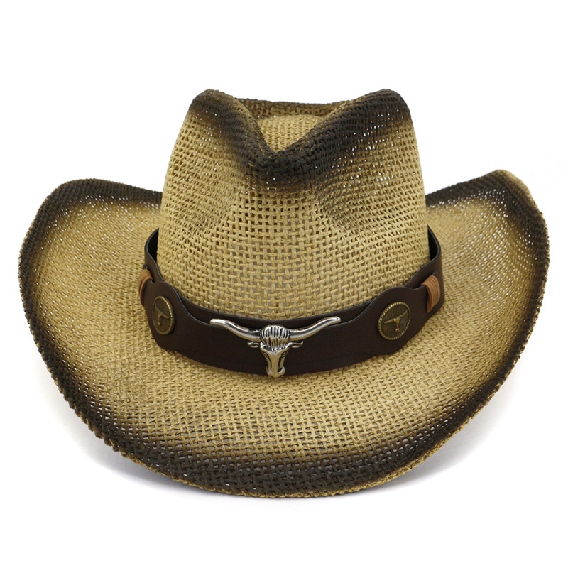 Mũ Rơm Cao Bồi Vành Rộng Unisex Có Dây Thắt Lưng Cho Đầu Bò