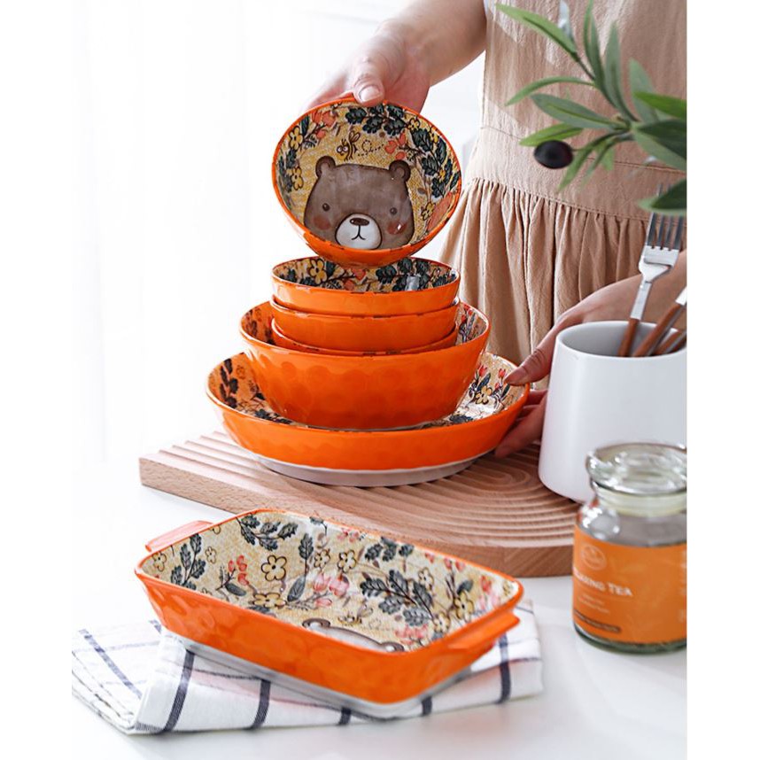 Bộ Chén Dĩa Khay Sứ, Bát Sứ Dễ Thương Gấu Cute Cho Bé