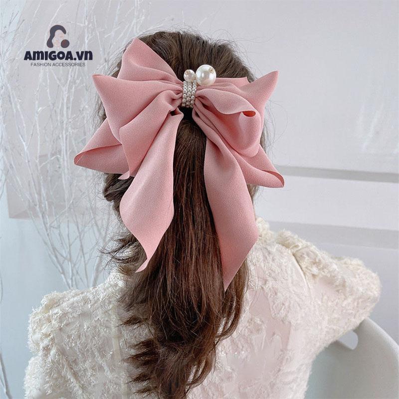 Kẹp Tóc Hình Nơ Đính Ngọc Trai Phong Cách Hàn Quốc Dễ Thương Cho Nữ