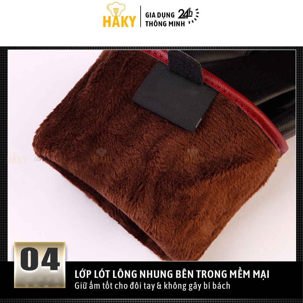 Găng tay da lót lông cho nữ cao cấp chống lạnh mùa đông HAKY029, giữ ấm khi đi xe, cảm ứng điện thoại mượt