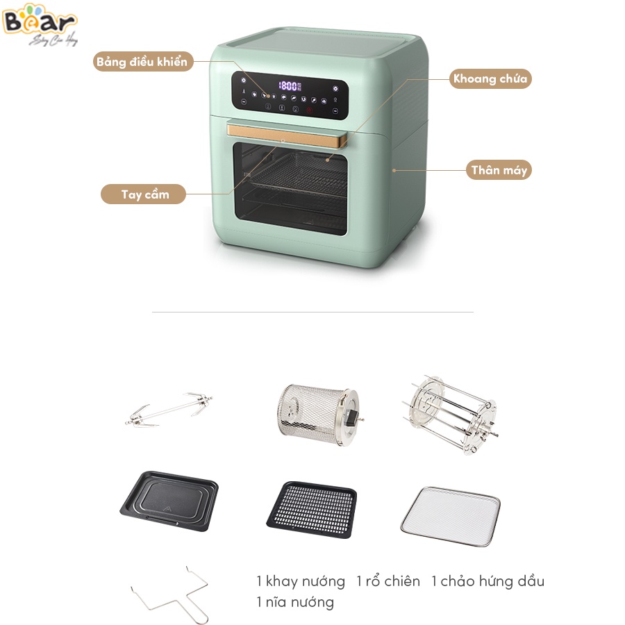 Nồi chiên không dầu Bear 10L Màu XANH PASTEL Chiên không khí, nướng đối lưu Bảo hành 18 THÁNG  QZG A15V1