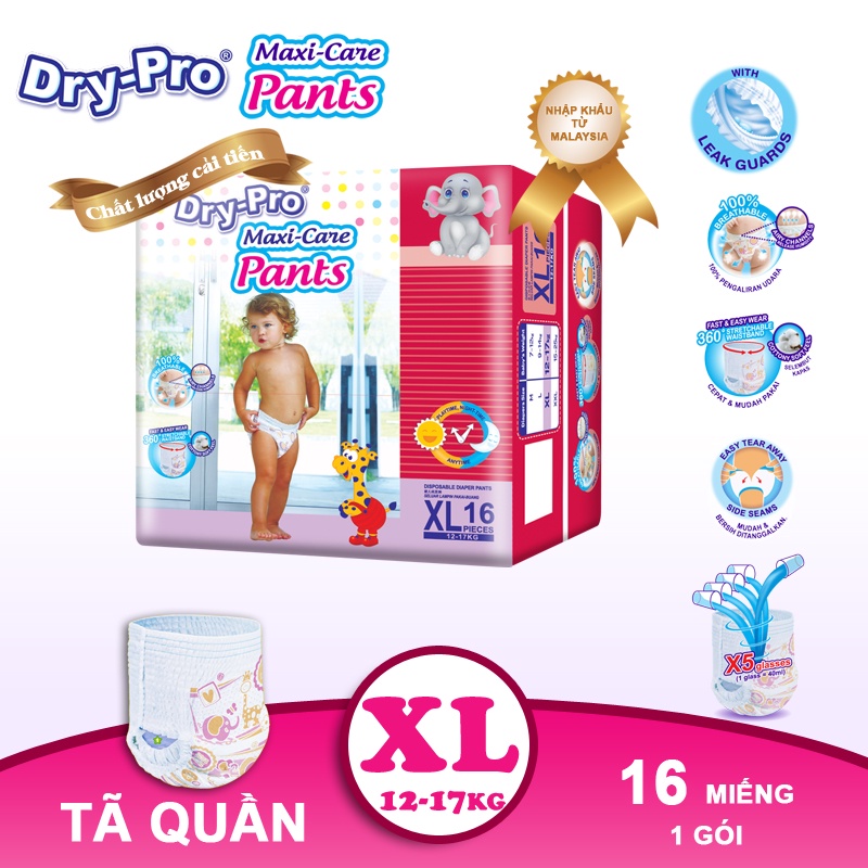 Tã/bỉm quần Dry-Pro siêu thấm hút nhập khẩu Malaysia size XL (12kg - 17kg) - Gói 16 miếng