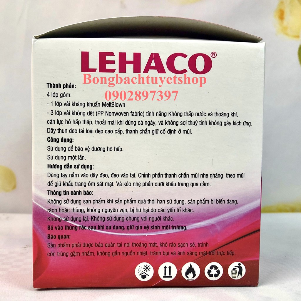 Khẩu trang Lehaco Màu Hồng 4 lớp Kháng Khuẩn hộp 50 cái - Khẩu trang y tế Lehaco