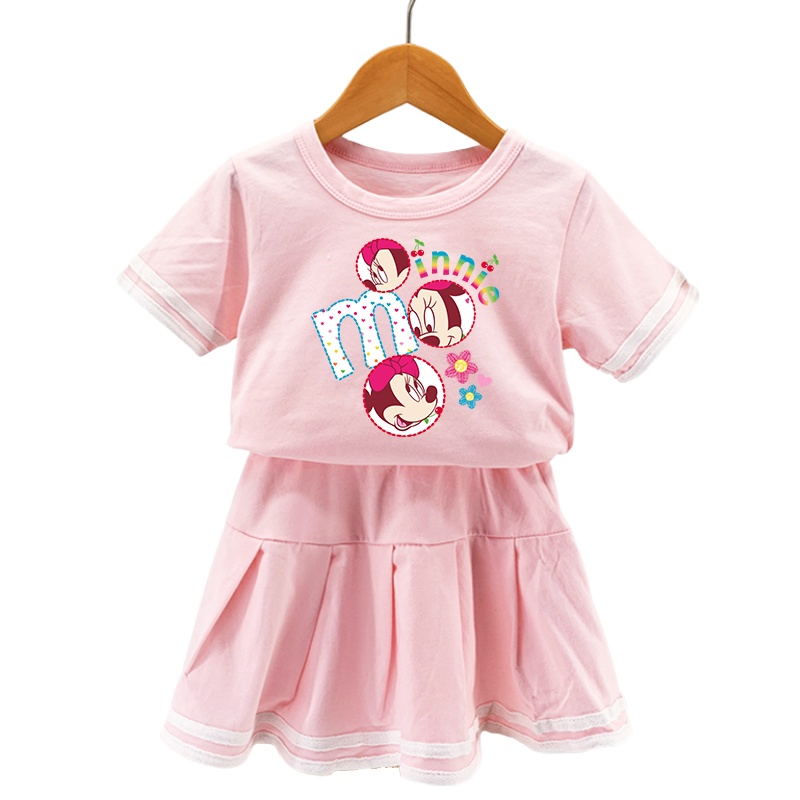 Bộ 2 Món Áo Thun 100% Cotton + Chân Váy Xếp Ly Họa Tiết Chuột Mickey Minnie Dễ Thương Cho Bé Gái 2022