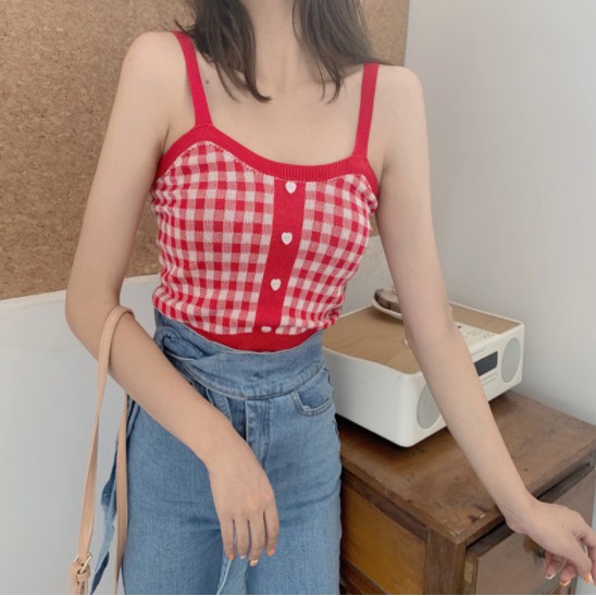 [CÓ SẴN] ÁO LEN 2 DÂY CARO CROPTOP NÚT TIM NHIỀU MÀU ÔM BODY