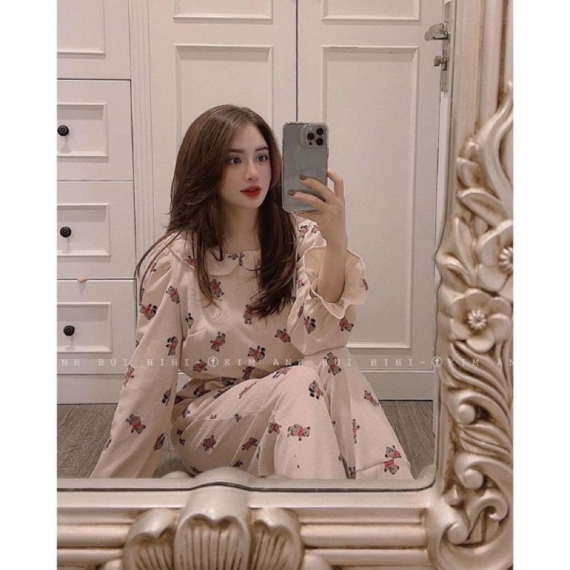 Pijama Mặc Nhà Nữ Đồ Ngủ Mặc Nhà Cho Nữ Trắng Có Viền, Ren Cổ Vuông Dài Tay Xinh Xắn Tiểu Thư | BigBuy360 - bigbuy360.vn