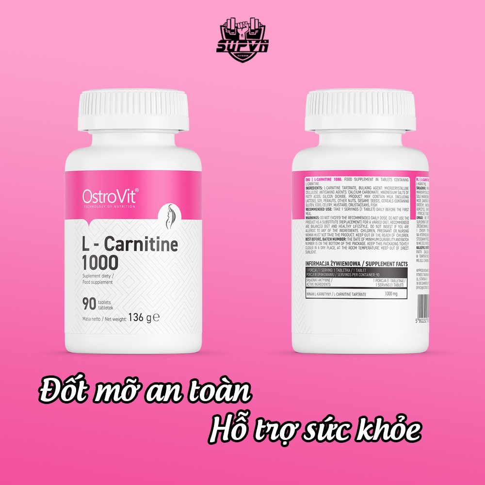 L-Carnitine 1000mg Ostrovit 90 viên - Hỗ trợ đốt chất béo, giảm mỡ an toàn