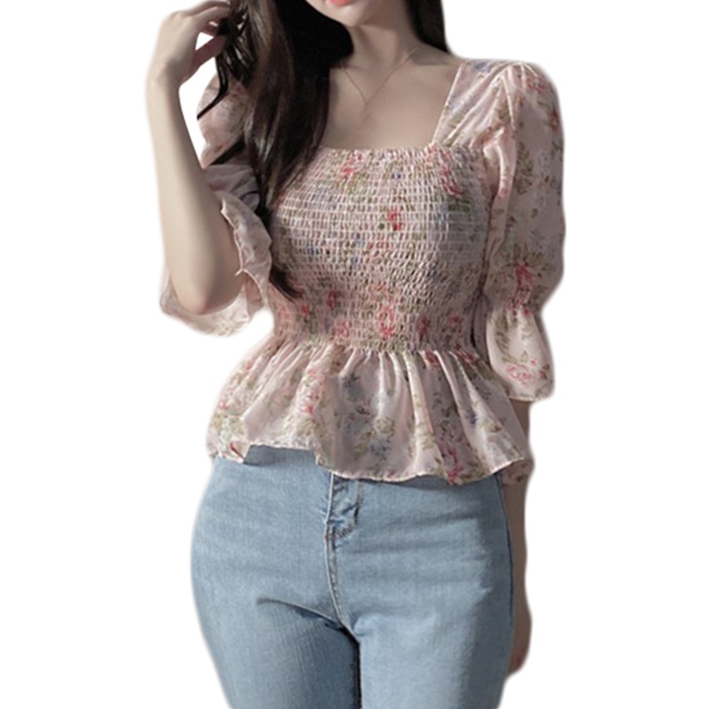 Áo Chiffon Tay Lửng Ống Loe Cổ Vuông In Họa Tiết Hoa Phong Cách Hàn Quốc Cho Nữ