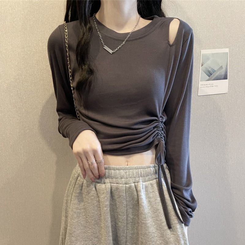 Áo thun tay dài dáng ôm phối dây rút thời trang mùa thu cho nữ