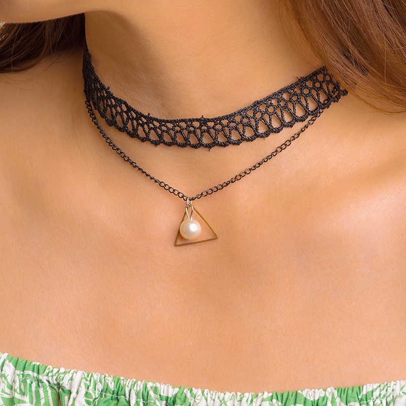Vòng Cổ Choker Hai Lớp Đính Hạt Ngọc Trai Đen Đơn Giản Thời Trang