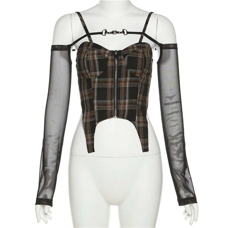 Áo Tank Top Dây Khóa Kéo Họa Tiết Kẻ Ô Thời Trang Dành Cho Nữ