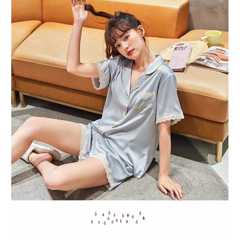 Pijama- Bộ Ngủ Lụa Set Cộc Mặc Nhà Màu Xanh Xám Viền Ren CCLP01