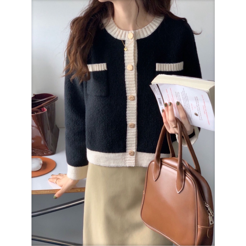 Áo khoác sweater mềm mại phối màu phong cách Pháp thời trang cho nữ