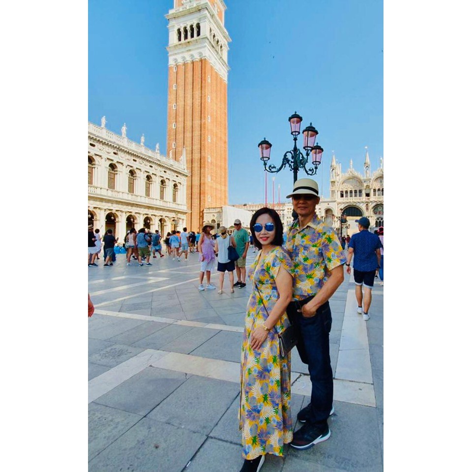 Set áo váy đôi, sơ mi nam nữ Váy maxi xẻ tà đi biển họa tiết hoa lá màu vàng couple tx - AV44 (có ảnh thật) JV